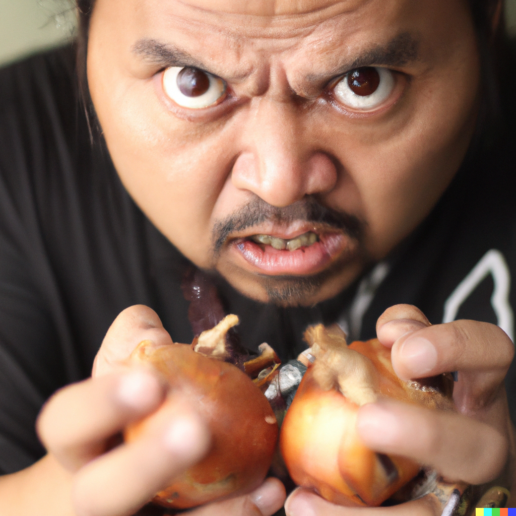 A scary person holding rotten onion