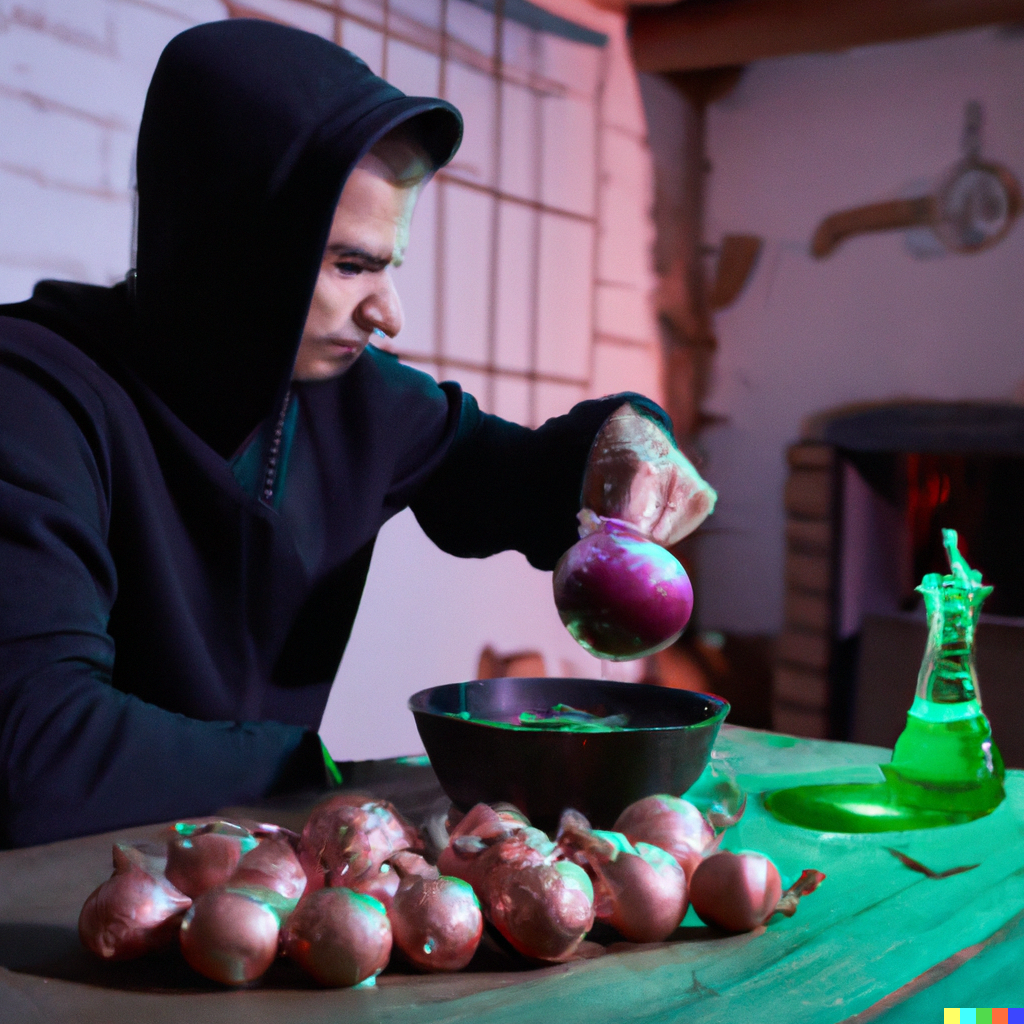 Hacker pouring poison to a well filled with onions
