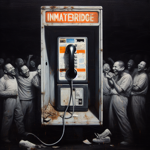 A painting of an old dirty broken payphone with phone hanging loose in dark prison with a sticker with text 'InmateBridge' on it. There are laughing prisoners surrounding it.