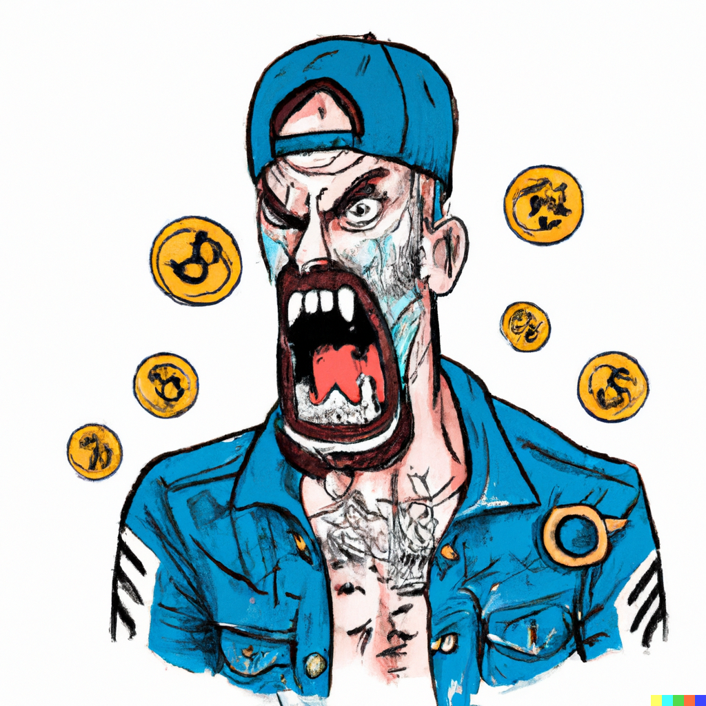 Realistic and intimidating picture of shouting criminal with face tattoos who is enraged because his bitcoins got stolen