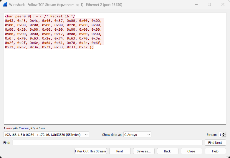 Wireshark following TCP flow and copying data as C array